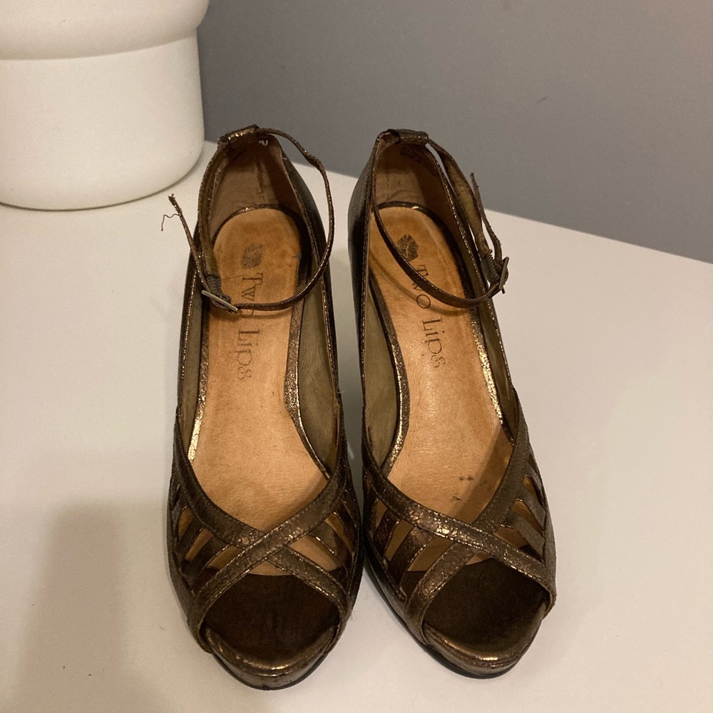 Two Lips Bronze Peep-Toe Ankle Strap Heels